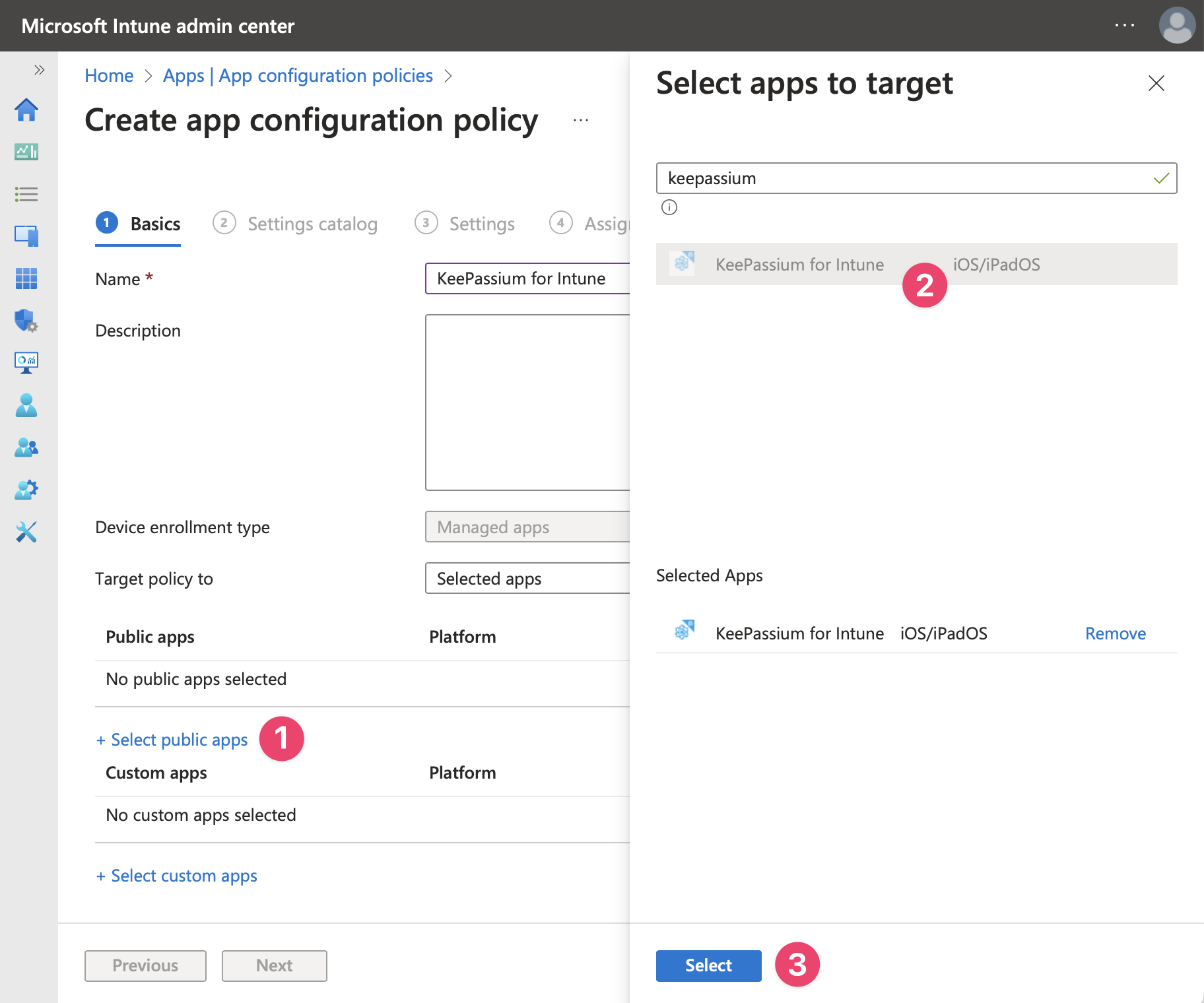 Screenshot: Create app configuration policy