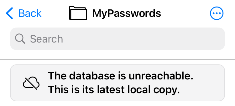 Screenshot: The database is unreachable. This is its latest local copy.