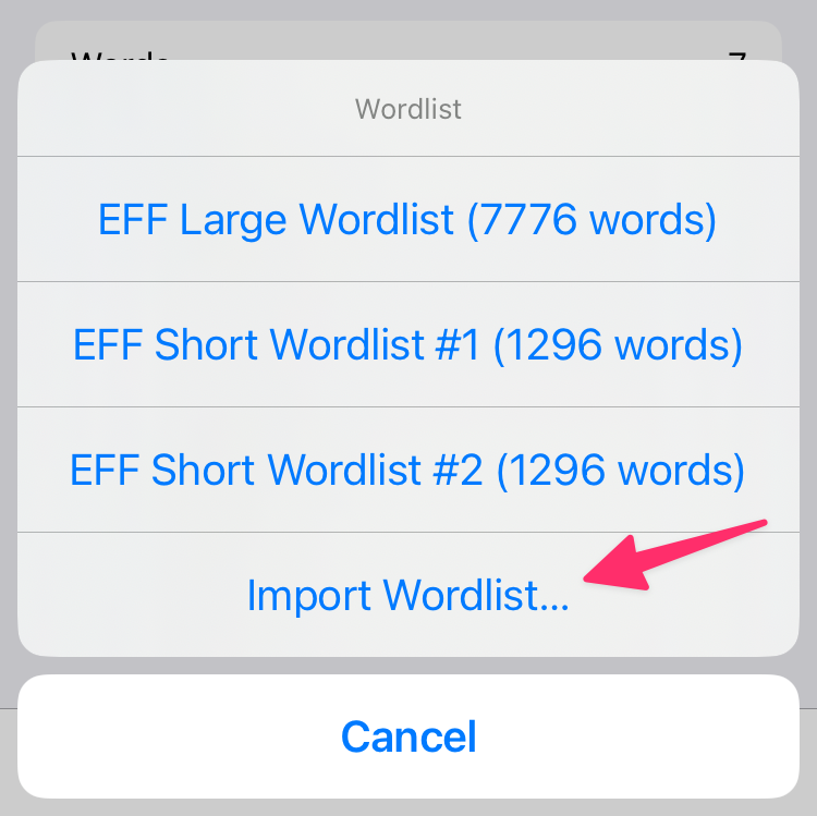 Wordlist import menu