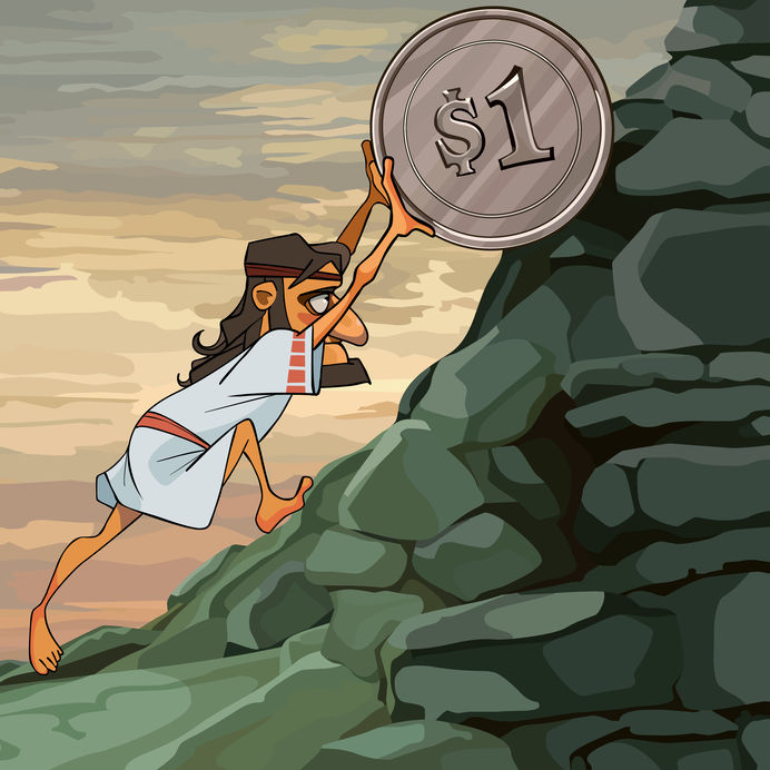 Sisyphus rolling a coin up a hill