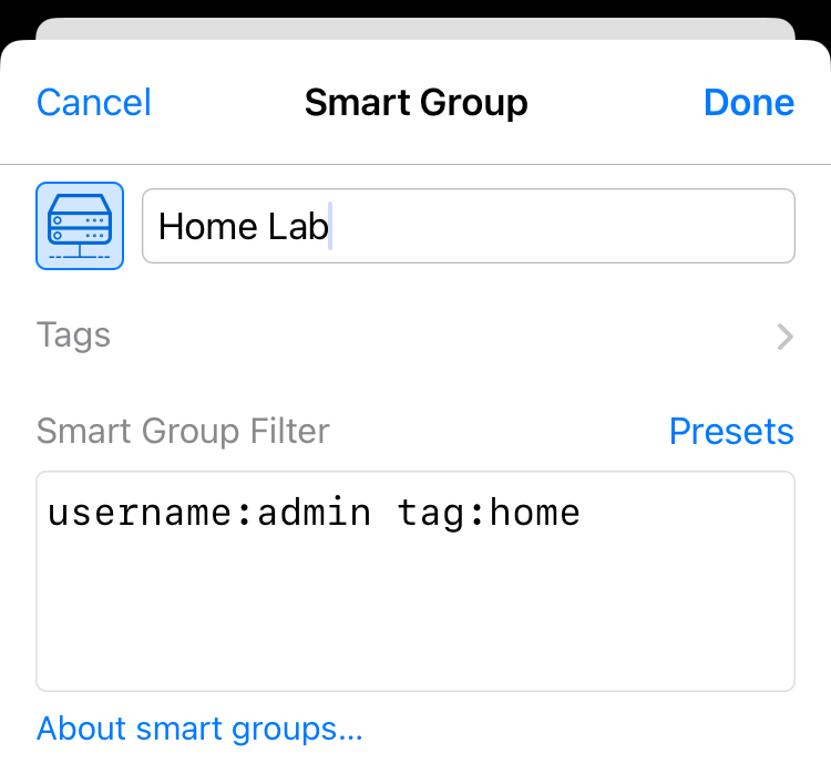 Smart Group edit dialog